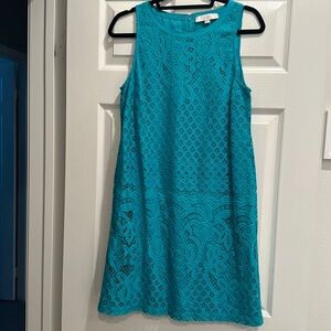 Sleeveless teal lace dress with attached shell underneath from the Loft